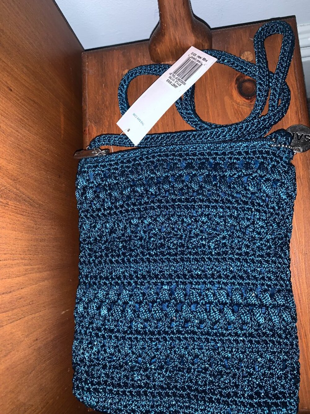 NWT The Sak Janet Mini Teal Metallic Crochet Crossbody Bag Purse